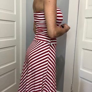 Red striped strapless dress